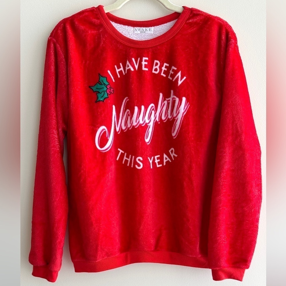 AWAKE "I Have Been Naughty This Year" Fuzzy Crewneck Holiday Sweater, Red, Med